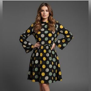 Polka Dot Mock Neck Trumpet Sleeve Smock Dress
